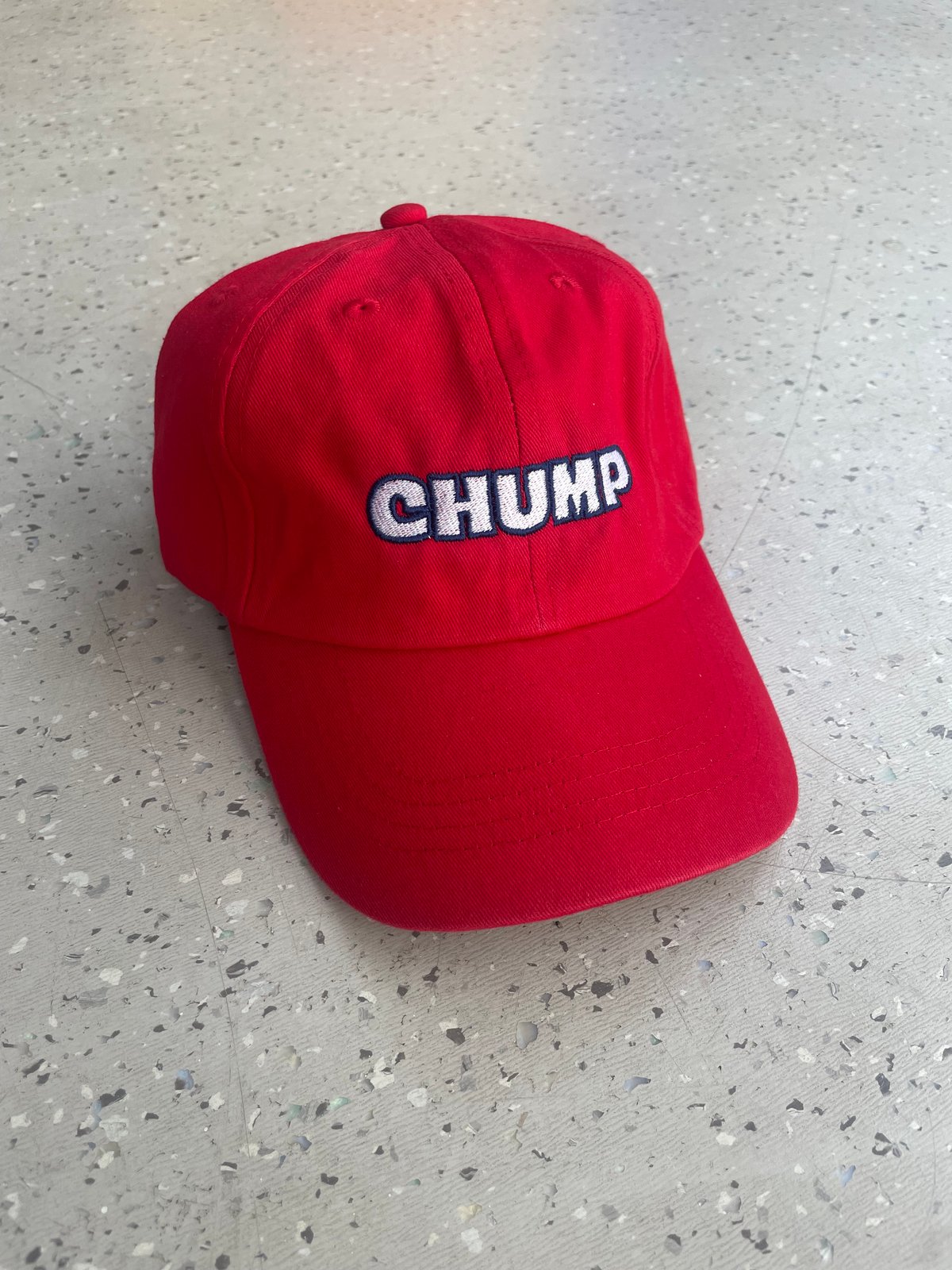 Red CHUMP cap w/ White & Navy embroidery